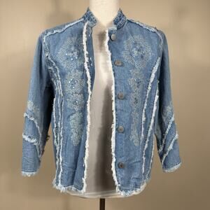 Bleu Bayou Embroidered Denim Jacket Shacket Sz M Frayed Boho Western Festival